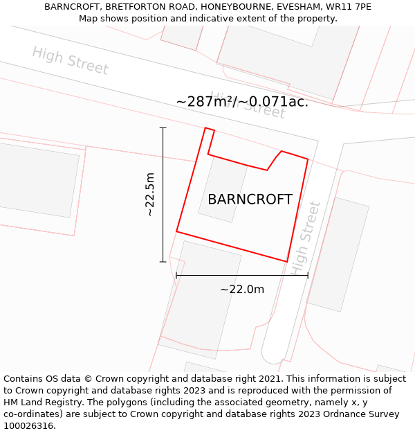 BARNCROFT, BRETFORTON ROAD, HONEYBOURNE, EVESHAM, WR11 7PE: Plot and title map