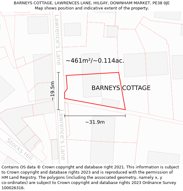 BARNEYS COTTAGE, LAWRENCES LANE, HILGAY, DOWNHAM MARKET, PE38 0JE: Plot and title map