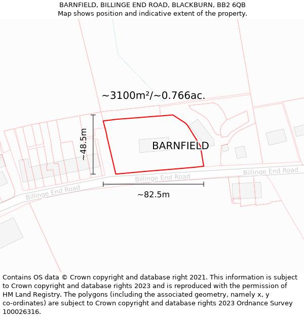 BARNFIELD, BILLINGE END ROAD, BLACKBURN, BB2 6QB: Plot and title map