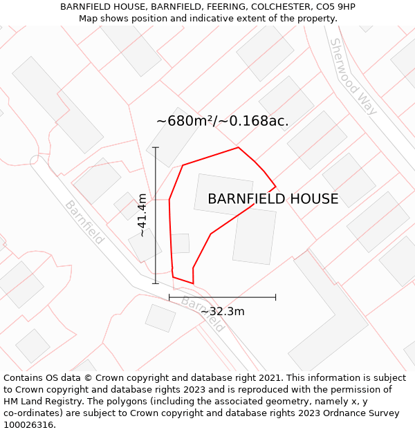 BARNFIELD HOUSE, BARNFIELD, FEERING, COLCHESTER, CO5 9HP: Plot and title map