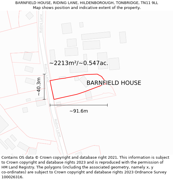 BARNFIELD HOUSE, RIDING LANE, HILDENBOROUGH, TONBRIDGE, TN11 9LL: Plot and title map