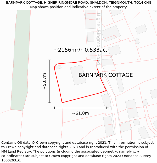 BARNPARK COTTAGE, HIGHER RINGMORE ROAD, SHALDON, TEIGNMOUTH, TQ14 0HG: Plot and title map