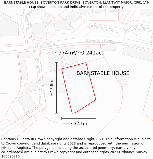 BARNSTABLE HOUSE, BOVERTON PARK DRIVE, BOVERTON, LLANTWIT MAJOR, CF61 1YN: Plot and title map