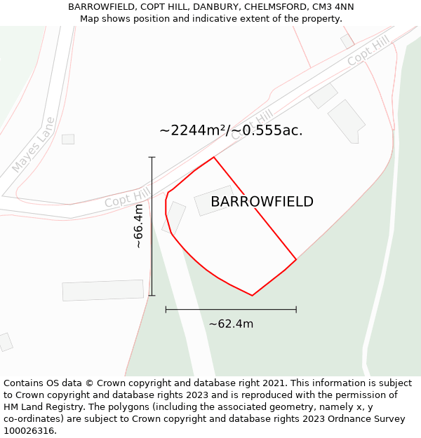 BARROWFIELD, COPT HILL, DANBURY, CHELMSFORD, CM3 4NN: Plot and title map