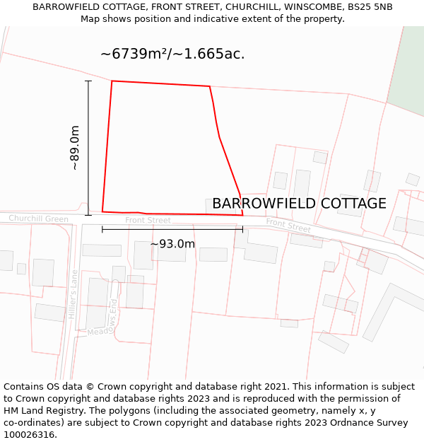 BARROWFIELD COTTAGE, FRONT STREET, CHURCHILL, WINSCOMBE, BS25 5NB: Plot and title map