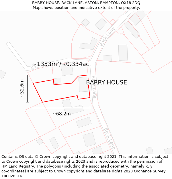 BARRY HOUSE, BACK LANE, ASTON, BAMPTON, OX18 2DQ: Plot and title map