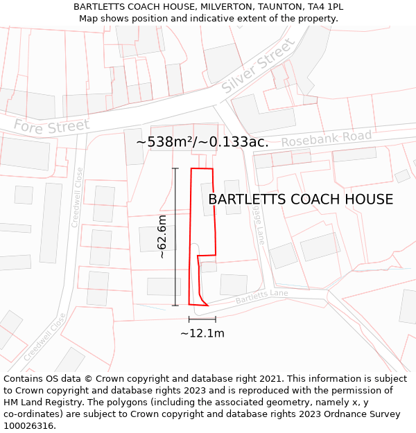 BARTLETTS COACH HOUSE, MILVERTON, TAUNTON, TA4 1PL: Plot and title map