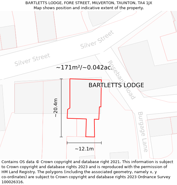 BARTLETTS LODGE, FORE STREET, MILVERTON, TAUNTON, TA4 1JX: Plot and title map