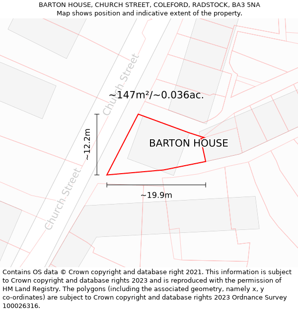 BARTON HOUSE, CHURCH STREET, COLEFORD, RADSTOCK, BA3 5NA: Plot and title map