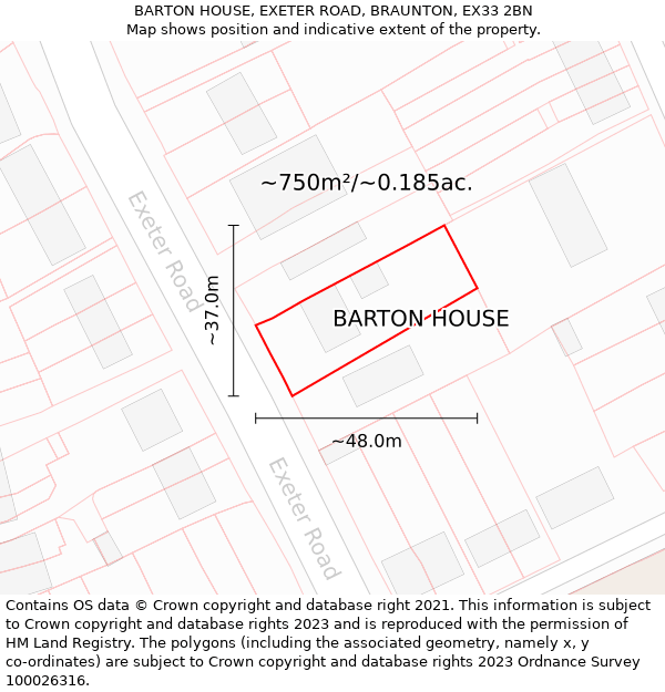 BARTON HOUSE, EXETER ROAD, BRAUNTON, EX33 2BN: Plot and title map