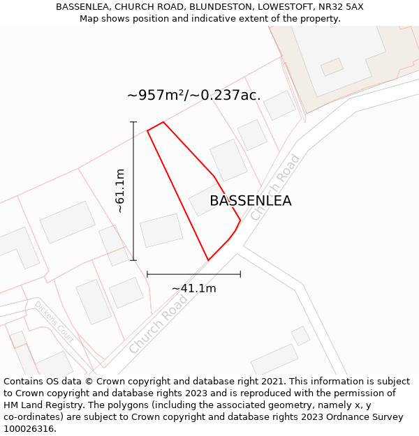 BASSENLEA, CHURCH ROAD, BLUNDESTON, LOWESTOFT, NR32 5AX: Plot and title map