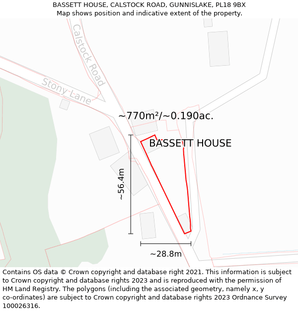 BASSETT HOUSE, CALSTOCK ROAD, GUNNISLAKE, PL18 9BX: Plot and title map