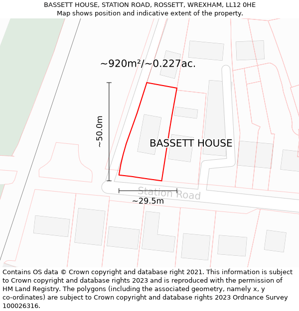 BASSETT HOUSE, STATION ROAD, ROSSETT, WREXHAM, LL12 0HE: Plot and title map