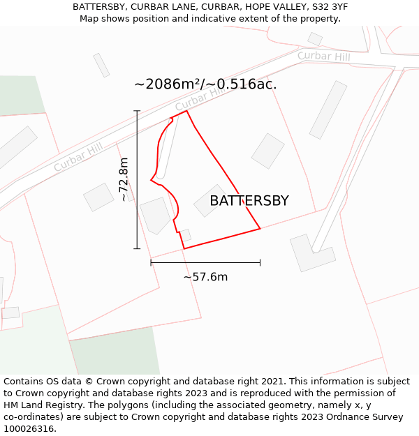 BATTERSBY, CURBAR LANE, CURBAR, HOPE VALLEY, S32 3YF: Plot and title map