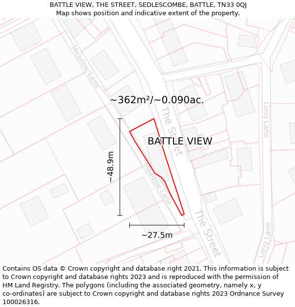 BATTLE VIEW, THE STREET, SEDLESCOMBE, BATTLE, TN33 0QJ: Plot and title map