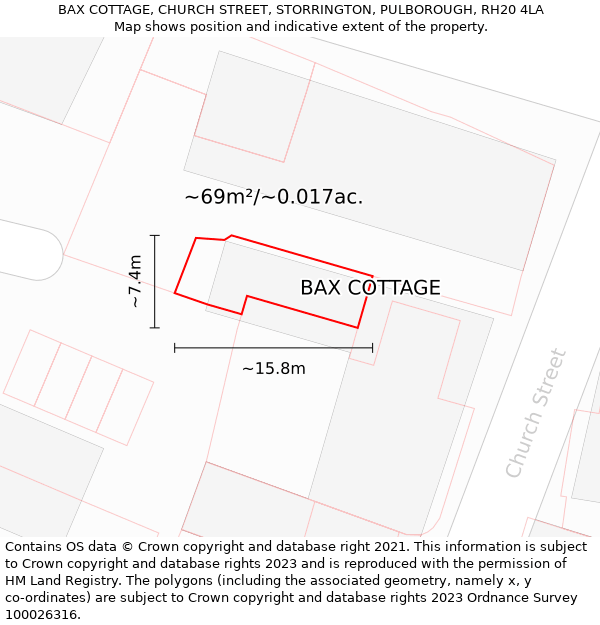 BAX COTTAGE, CHURCH STREET, STORRINGTON, PULBOROUGH, RH20 4LA: Plot and title map