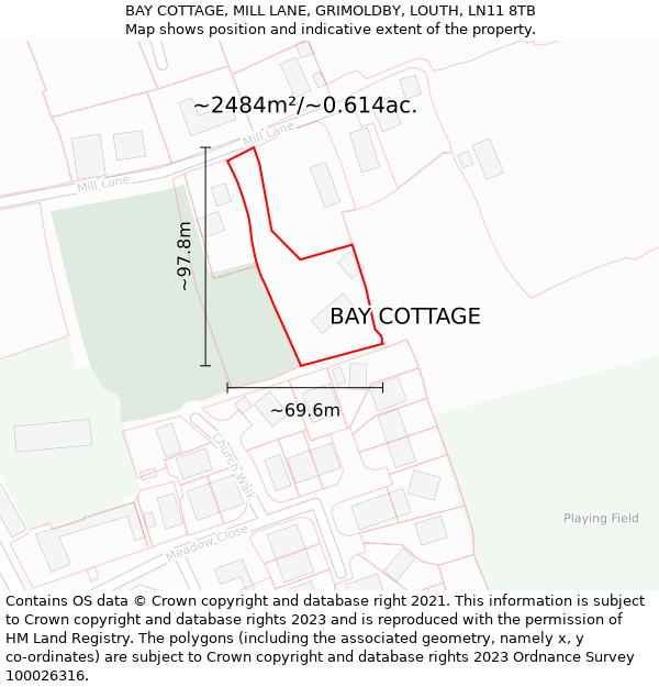 BAY COTTAGE, MILL LANE, GRIMOLDBY, LOUTH, LN11 8TB: Plot and title map