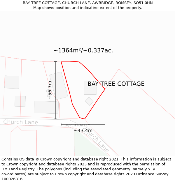 BAY TREE COTTAGE, CHURCH LANE, AWBRIDGE, ROMSEY, SO51 0HN: Plot and title map