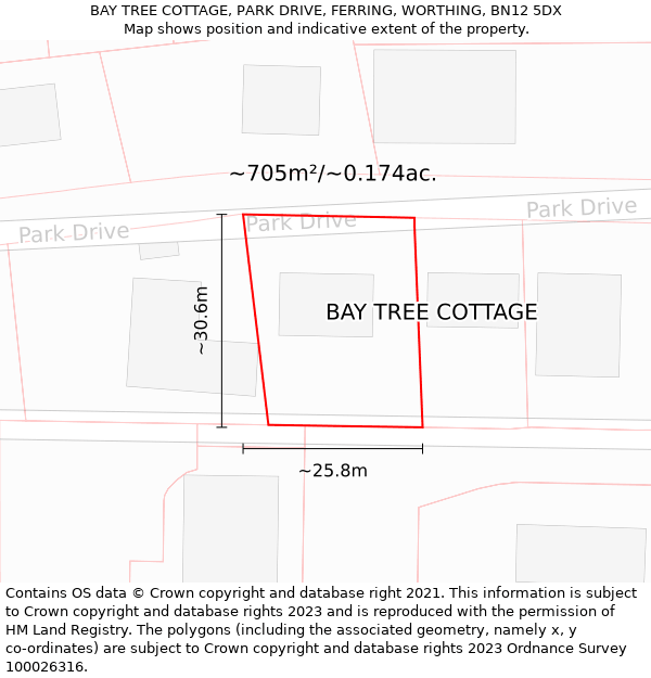 BAY TREE COTTAGE, PARK DRIVE, FERRING, WORTHING, BN12 5DX: Plot and title map