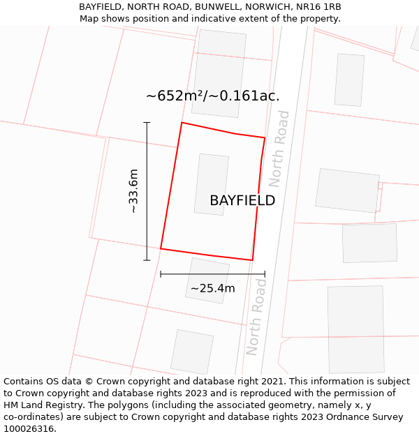 BAYFIELD, NORTH ROAD, BUNWELL, NORWICH, NR16 1RB: Plot and title map