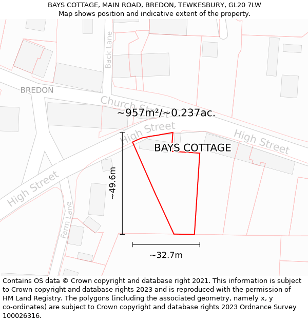 BAYS COTTAGE, MAIN ROAD, BREDON, TEWKESBURY, GL20 7LW: Plot and title map