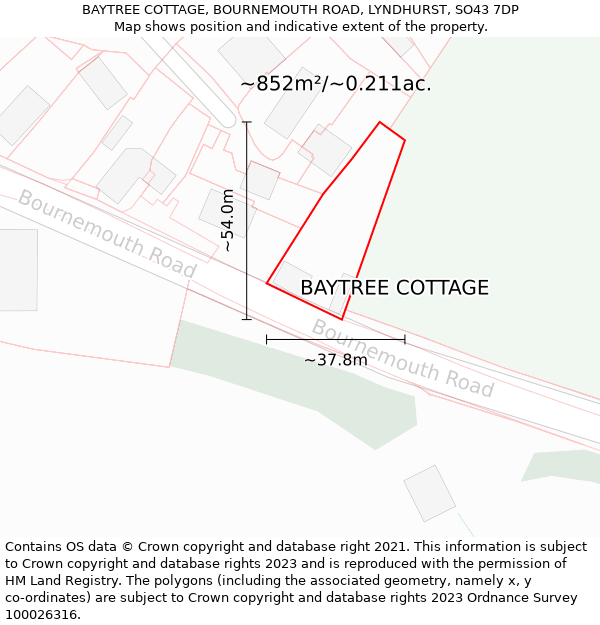 BAYTREE COTTAGE, BOURNEMOUTH ROAD, LYNDHURST, SO43 7DP: Plot and title map