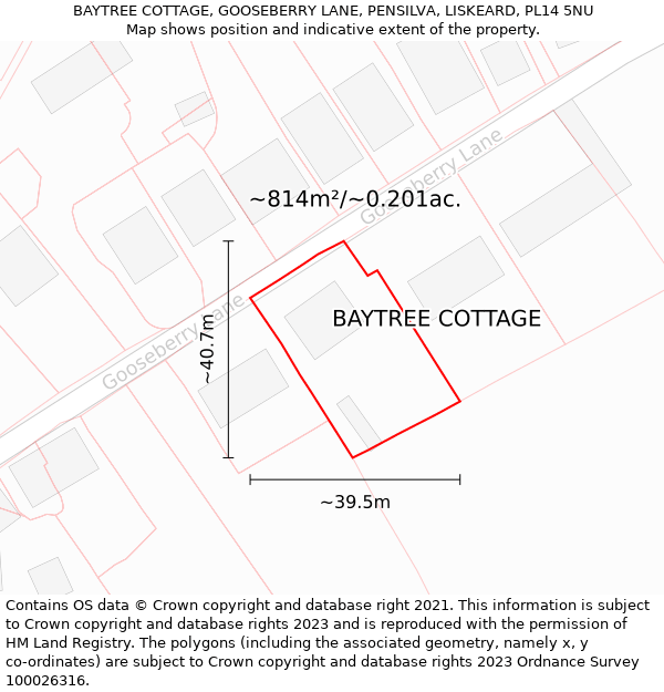 BAYTREE COTTAGE, GOOSEBERRY LANE, PENSILVA, LISKEARD, PL14 5NU: Plot and title map