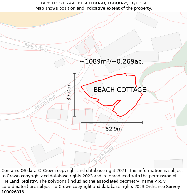 BEACH COTTAGE, BEACH ROAD, TORQUAY, TQ1 3LX: Plot and title map