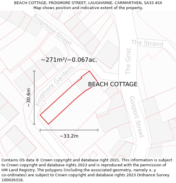 BEACH COTTAGE, FROGMORE STREET, LAUGHARNE, CARMARTHEN, SA33 4SX: Plot and title map