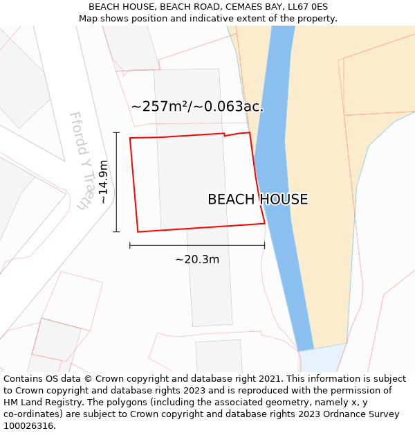 BEACH HOUSE, BEACH ROAD, CEMAES BAY, LL67 0ES: Plot and title map