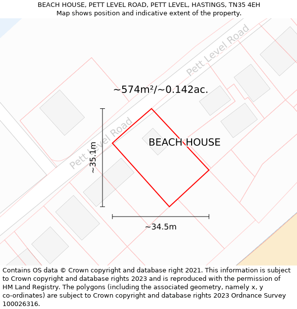 BEACH HOUSE, PETT LEVEL ROAD, PETT LEVEL, HASTINGS, TN35 4EH: Plot and title map