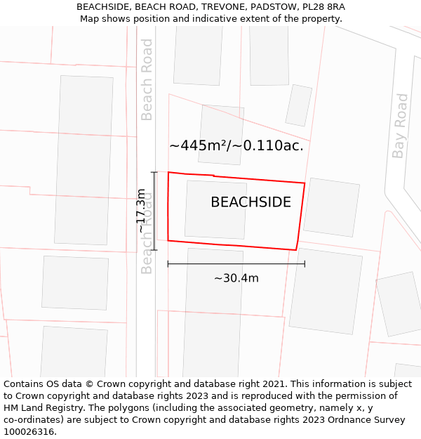 BEACHSIDE, BEACH ROAD, TREVONE, PADSTOW, PL28 8RA: Plot and title map