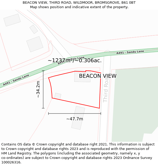 BEACON VIEW, THIRD ROAD, WILDMOOR, BROMSGROVE, B61 0BT: Plot and title map