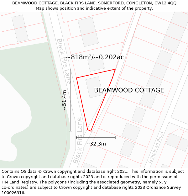 BEAMWOOD COTTAGE, BLACK FIRS LANE, SOMERFORD, CONGLETON, CW12 4QQ: Plot and title map