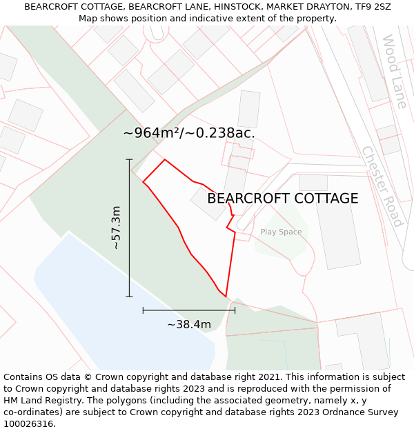 BEARCROFT COTTAGE, BEARCROFT LANE, HINSTOCK, MARKET DRAYTON, TF9 2SZ: Plot and title map