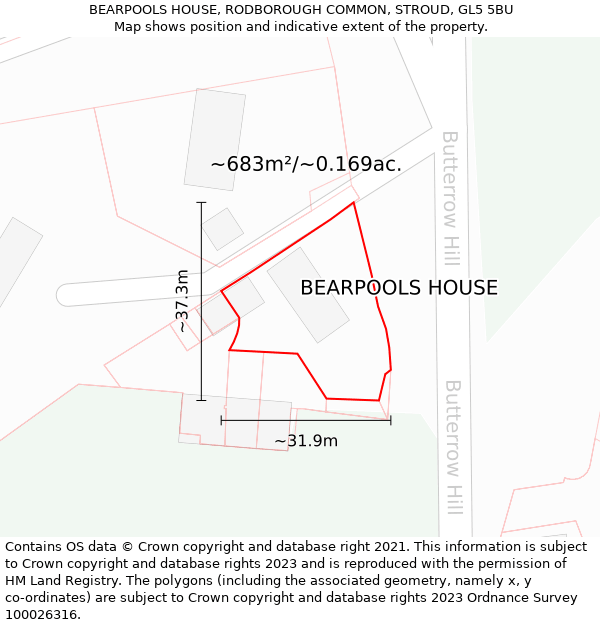 BEARPOOLS HOUSE, RODBOROUGH COMMON, STROUD, GL5 5BU: Plot and title map