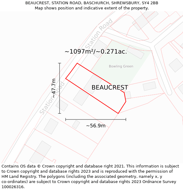 BEAUCREST, STATION ROAD, BASCHURCH, SHREWSBURY, SY4 2BB: Plot and title map