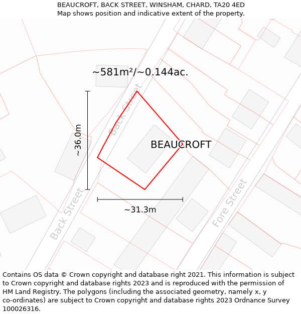 BEAUCROFT, BACK STREET, WINSHAM, CHARD, TA20 4ED: Plot and title map