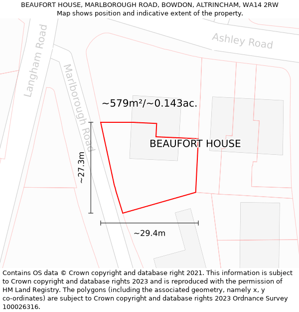 BEAUFORT HOUSE, MARLBOROUGH ROAD, BOWDON, ALTRINCHAM, WA14 2RW: Plot and title map