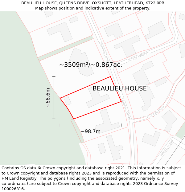 BEAULIEU HOUSE, QUEENS DRIVE, OXSHOTT, LEATHERHEAD, KT22 0PB: Plot and title map