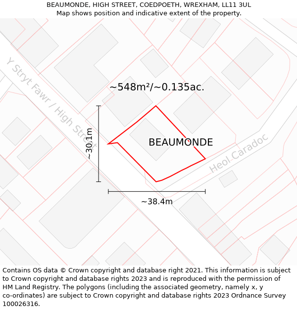 BEAUMONDE, HIGH STREET, COEDPOETH, WREXHAM, LL11 3UL: Plot and title map