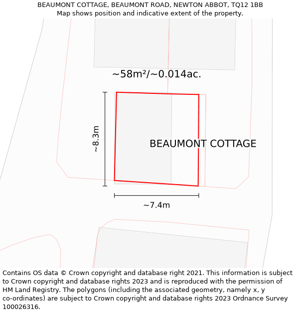 BEAUMONT COTTAGE, BEAUMONT ROAD, NEWTON ABBOT, TQ12 1BB: Plot and title map
