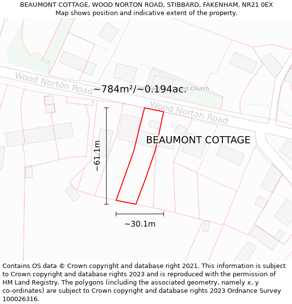 BEAUMONT COTTAGE, WOOD NORTON ROAD, STIBBARD, FAKENHAM, NR21 0EX: Plot and title map