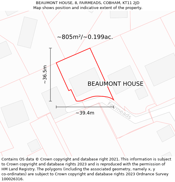 BEAUMONT HOUSE, 8, FAIRMEADS, COBHAM, KT11 2JD: Plot and title map