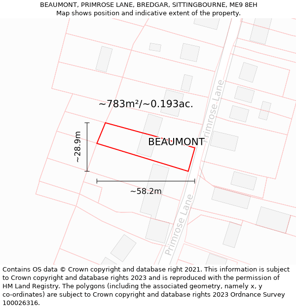 BEAUMONT, PRIMROSE LANE, BREDGAR, SITTINGBOURNE, ME9 8EH: Plot and title map