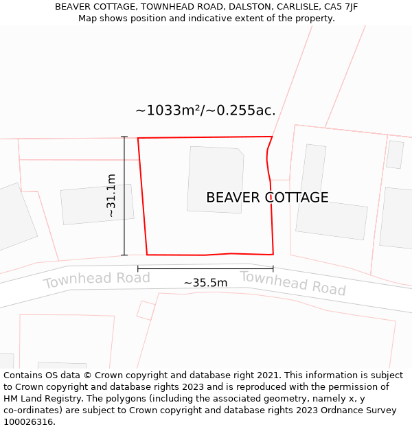BEAVER COTTAGE, TOWNHEAD ROAD, DALSTON, CARLISLE, CA5 7JF: Plot and title map