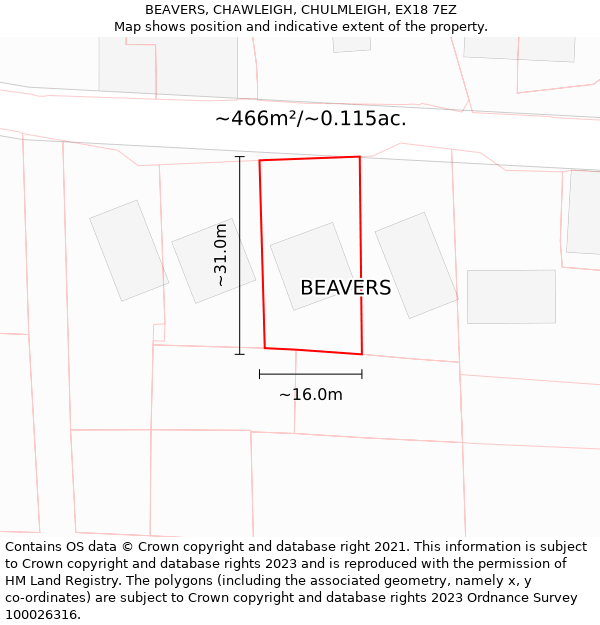 BEAVERS, CHAWLEIGH, CHULMLEIGH, EX18 7EZ: Plot and title map