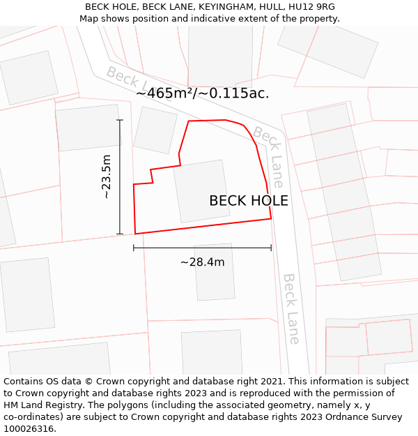 BECK HOLE, BECK LANE, KEYINGHAM, HULL, HU12 9RG: Plot and title map