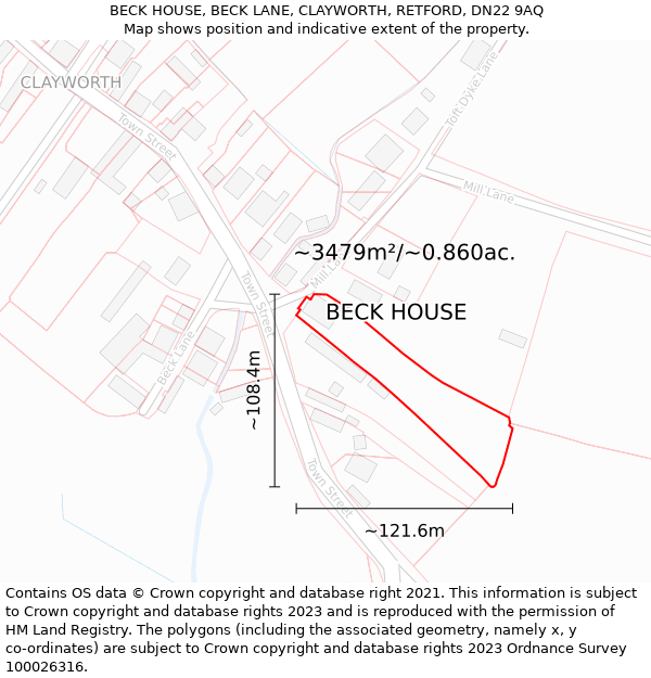 BECK HOUSE, BECK LANE, CLAYWORTH, RETFORD, DN22 9AQ: Plot and title map