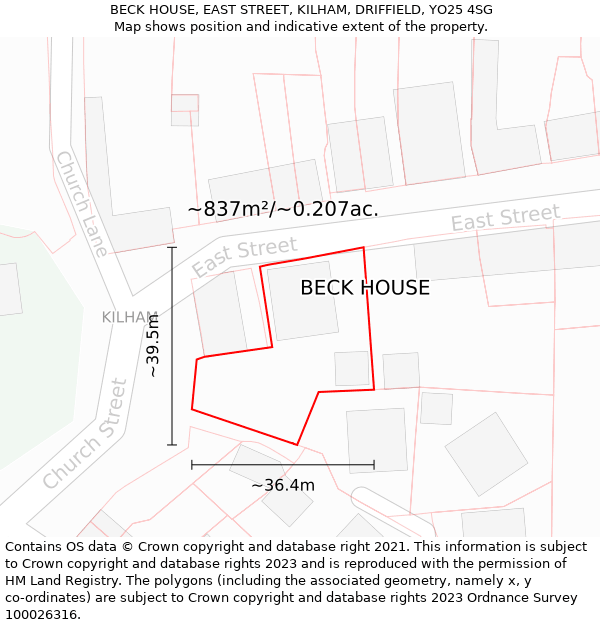 BECK HOUSE, EAST STREET, KILHAM, DRIFFIELD, YO25 4SG: Plot and title map